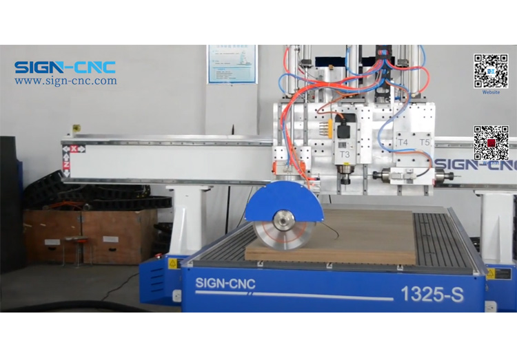 Pneumatic three heads CNC router with saw and horizontal spindle